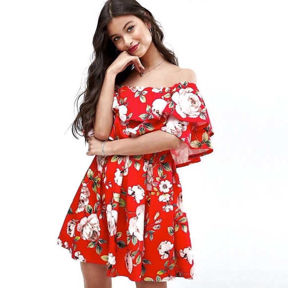 ASOS Rose Floral Off Shoulder Ruffle Mini Dress 12 - Picture 2 of 7